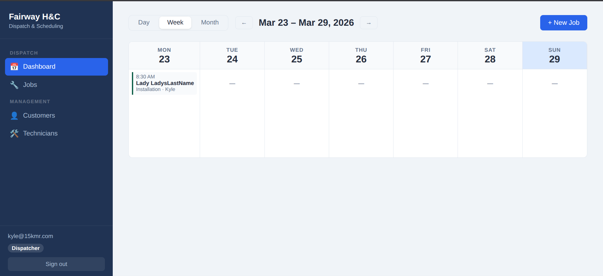 Dispatch dashboard showing scheduled jobs on a calendar view