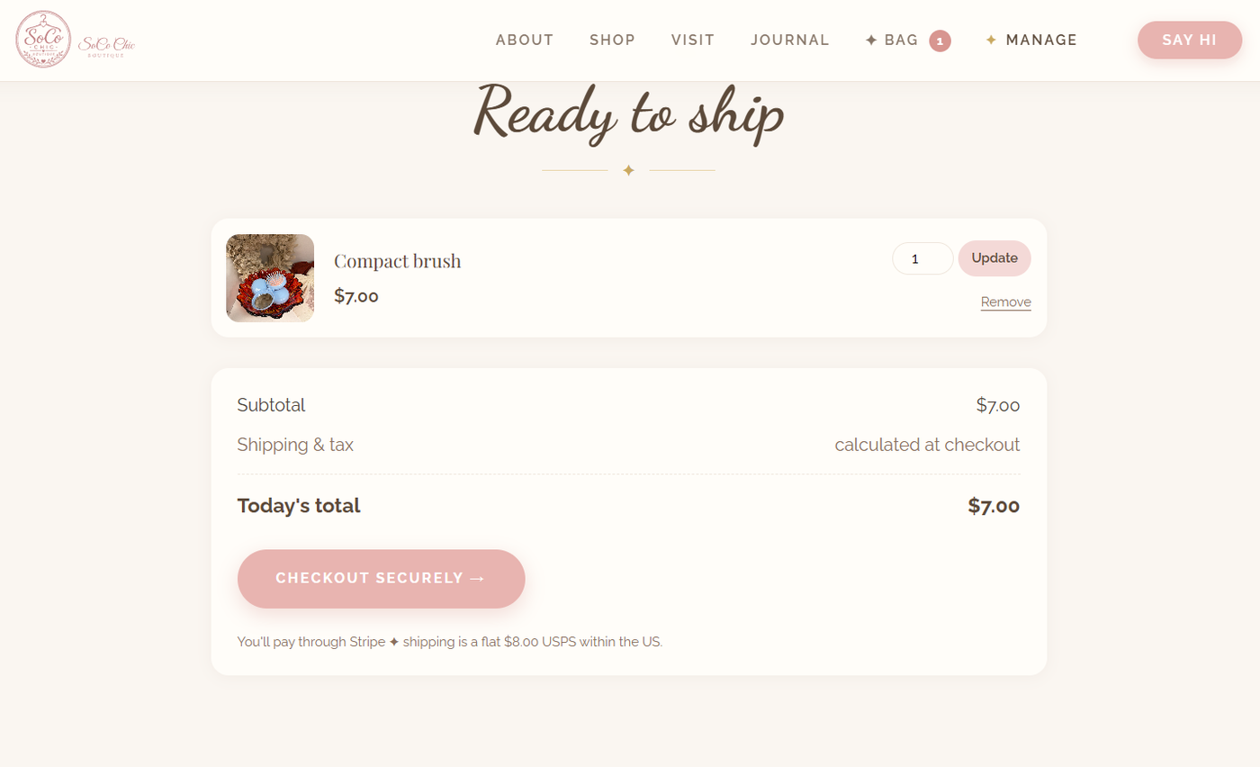Shopping bag page showing an item, subtotal, and checkout securely button