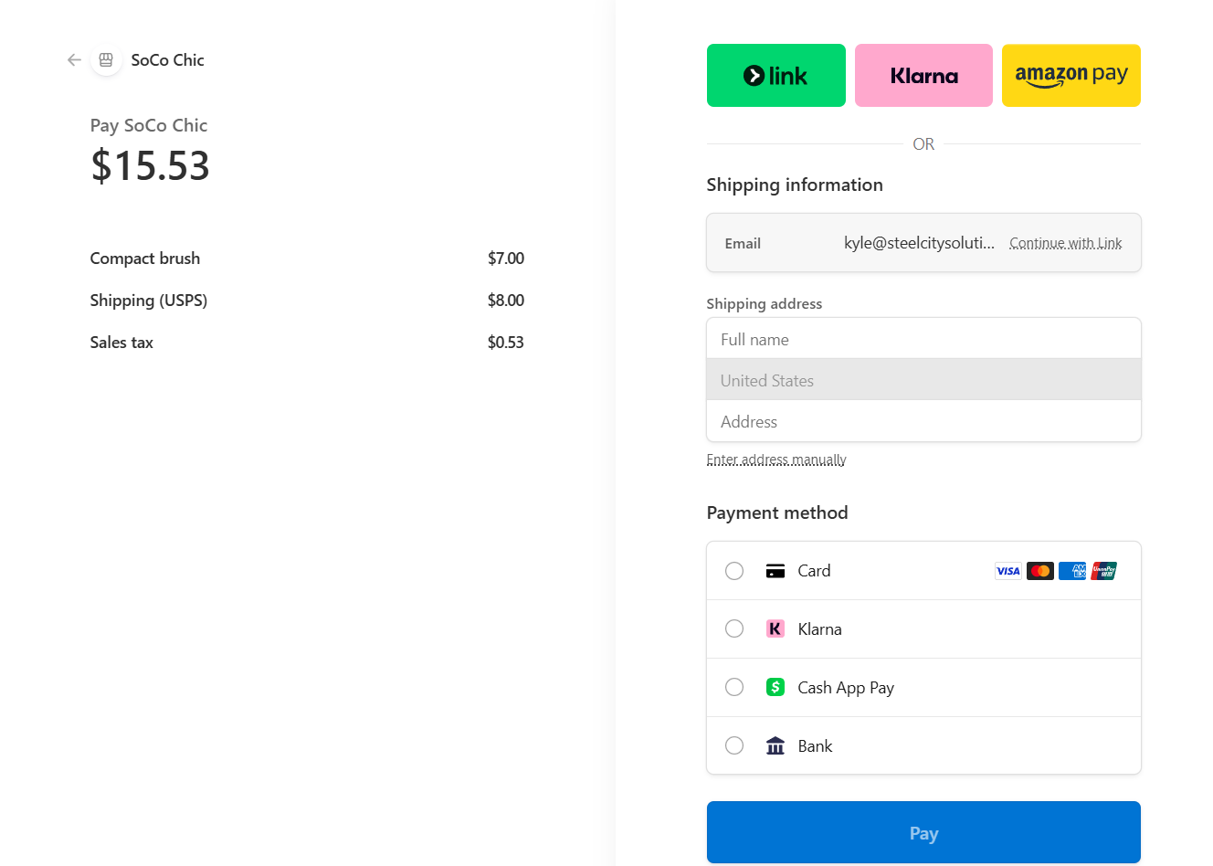 Stripe checkout with Link, Klarna, Amazon Pay, card, and bank payment options