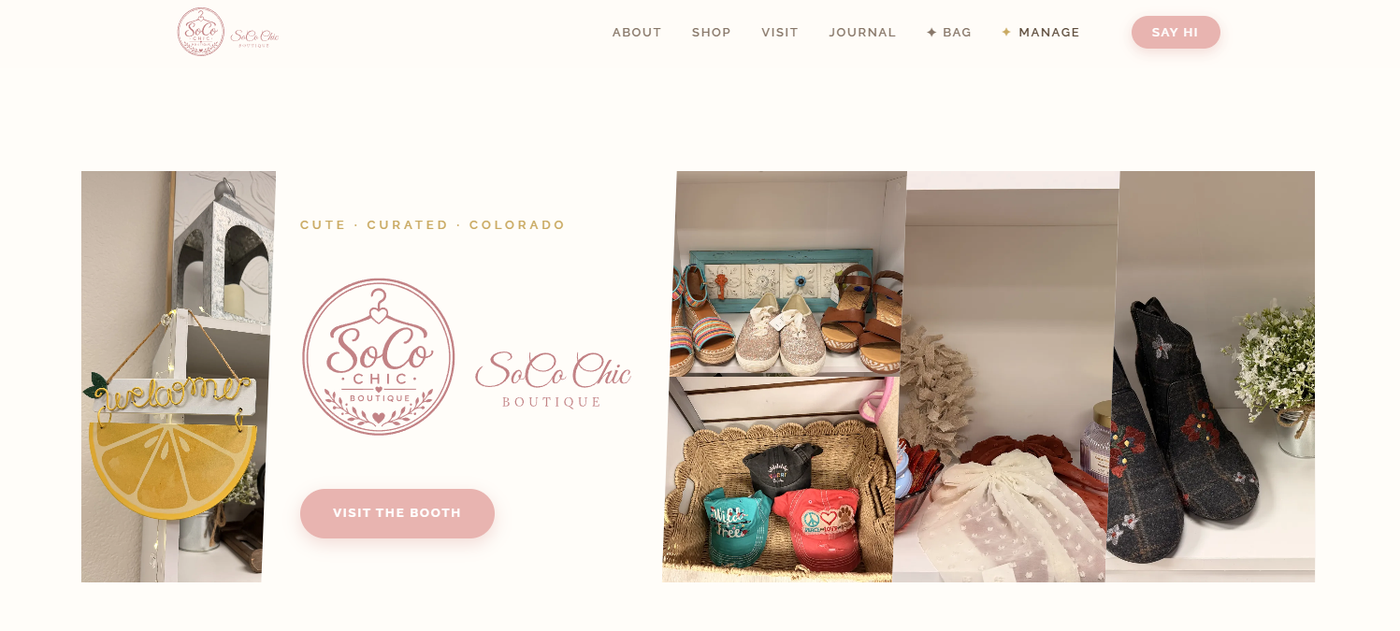 SoCo Chic Boutique homepage with brand logo and shop imagery