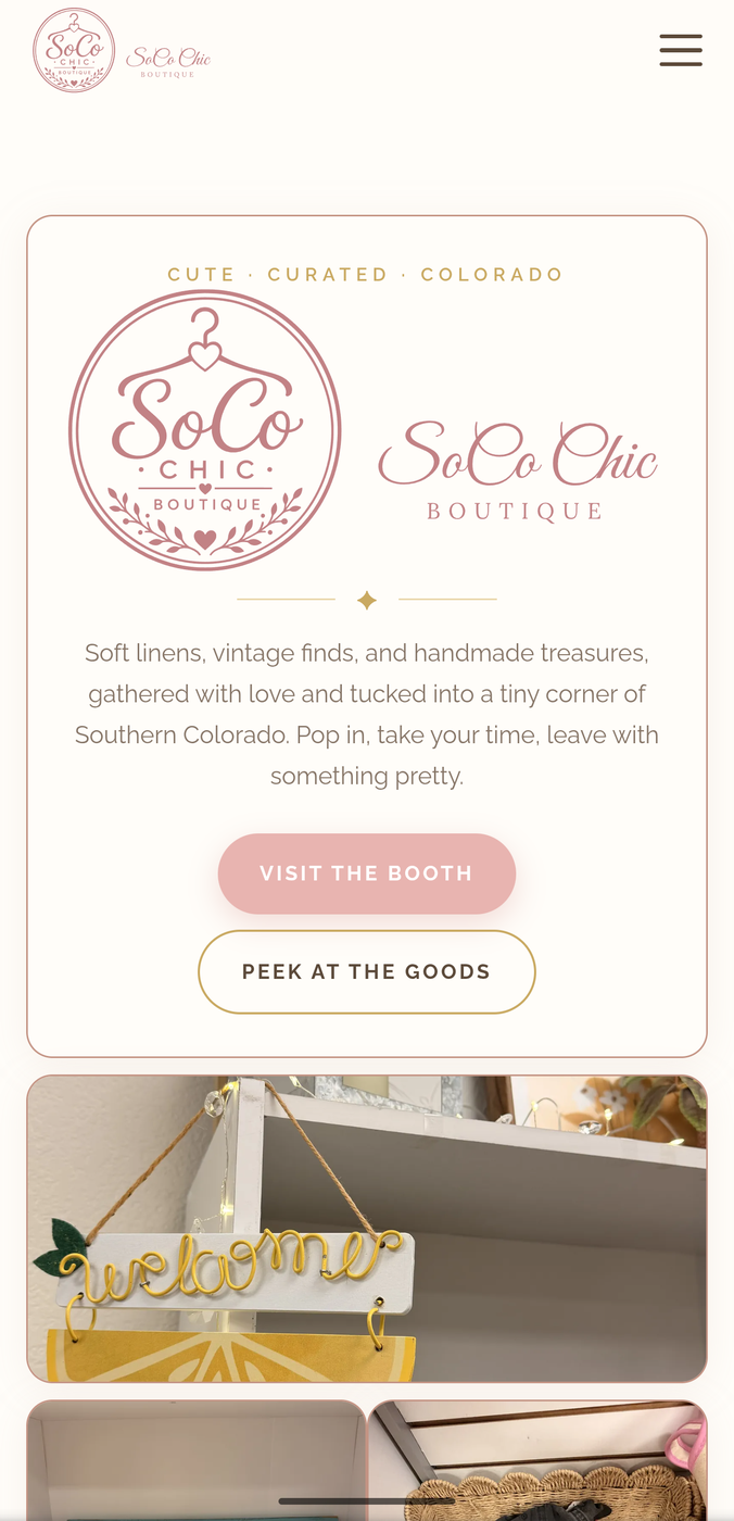 Mobile view of the boutique homepage