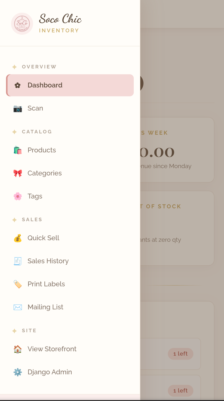 Mobile view of the inventory management menu