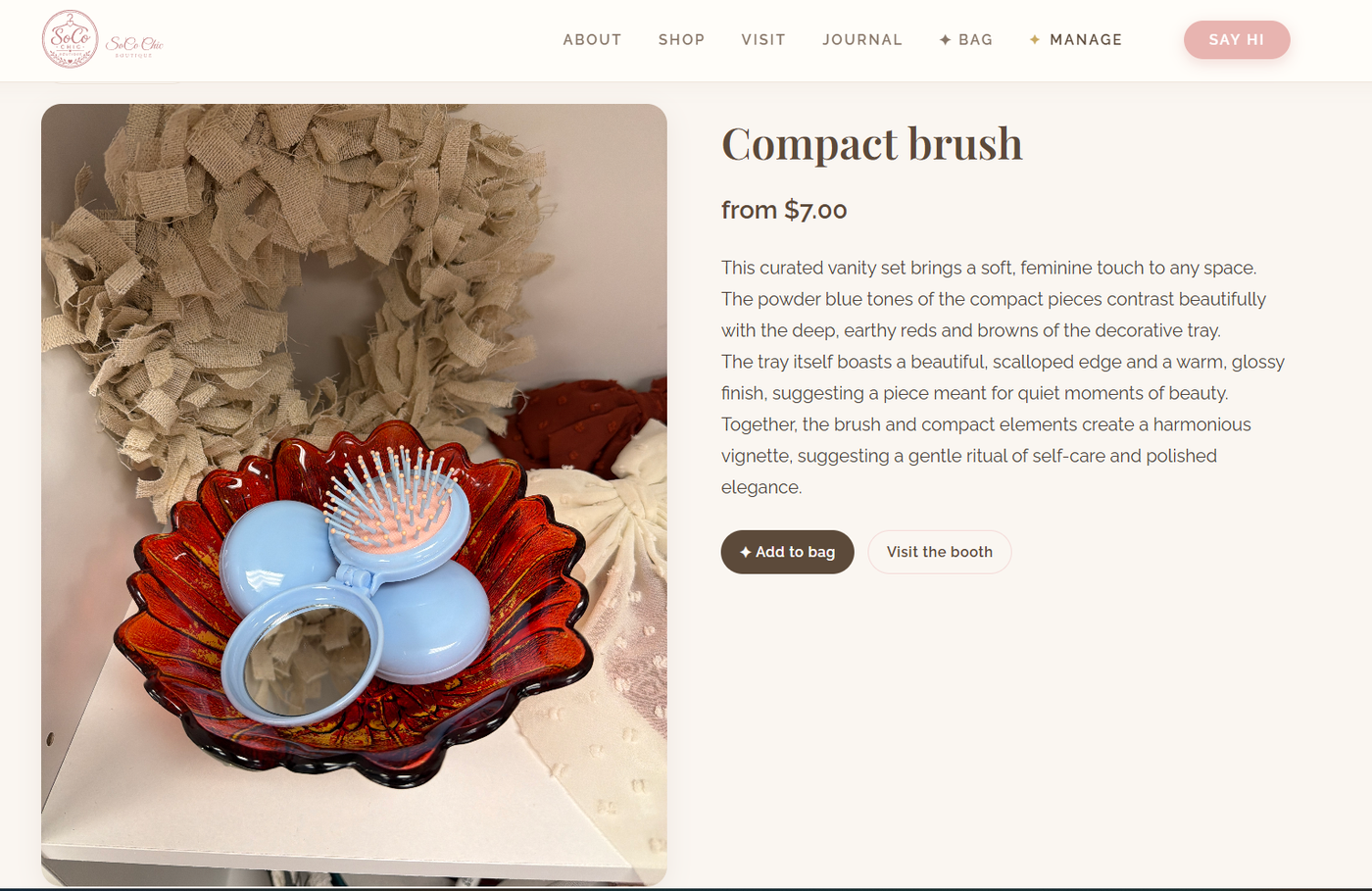 Product detail page for a compact brush with description and add-to-bag button