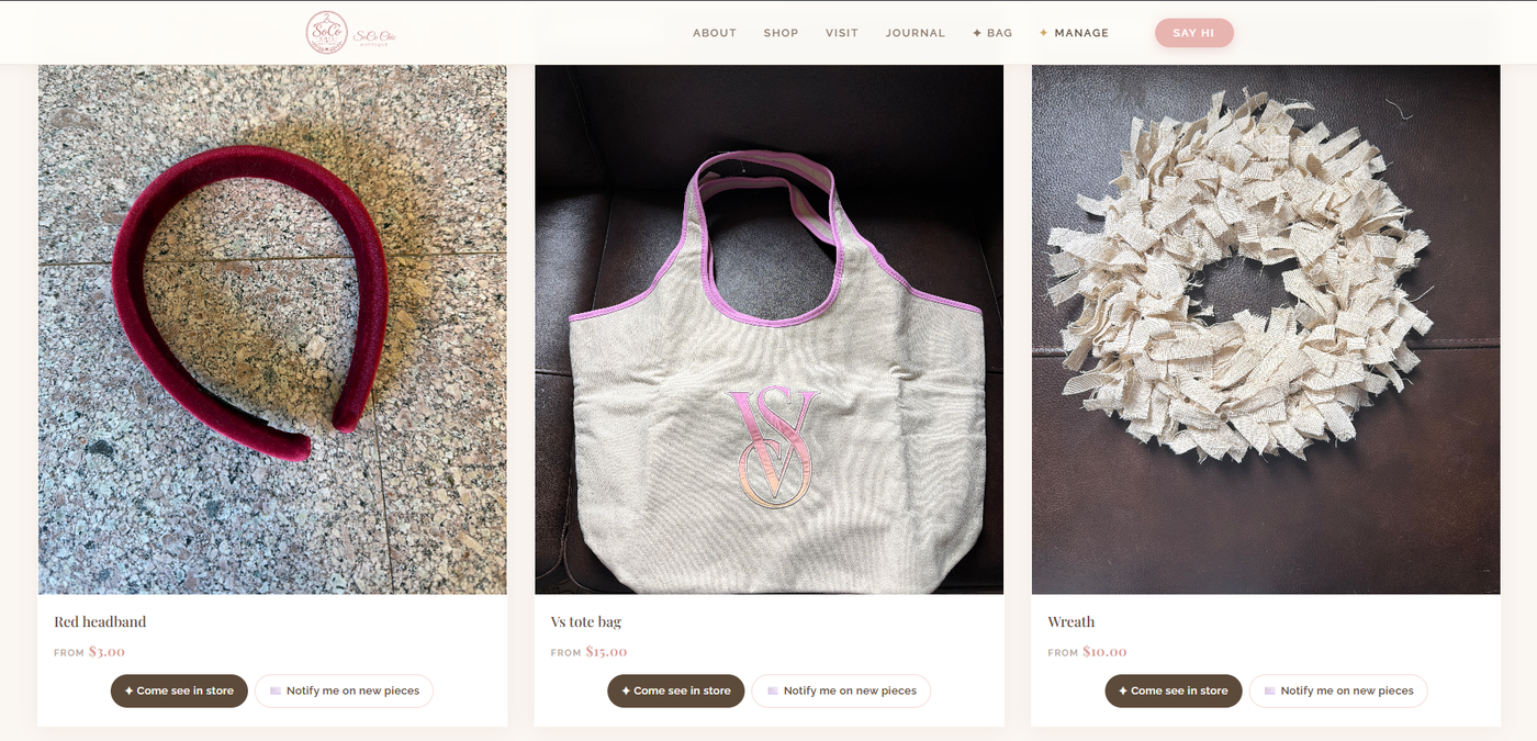 SoCo Chic shop page showing product cards for a headband, tote bag, and wreath